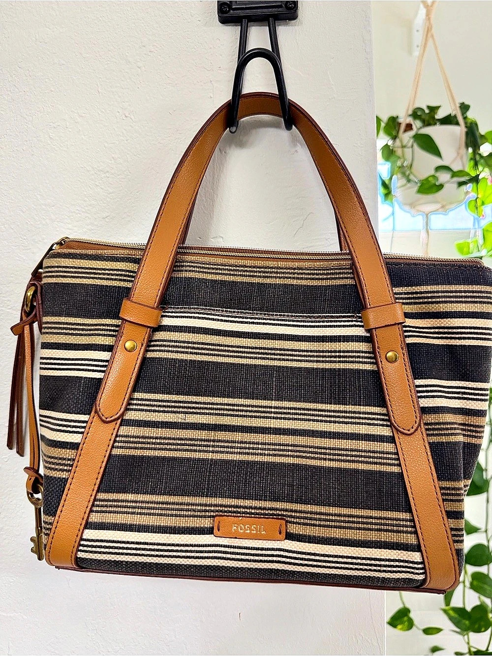 Fossil Striped Tote Bag in Black & Brown